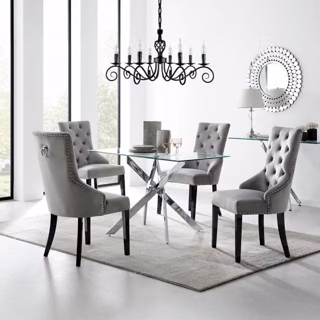 FurnitureboxUK Leonardo 4-Person Dining Set with Grey Glass Table and 4 Black Belgravia Chairs, W/D/H: 120 x 70 x 75 cm