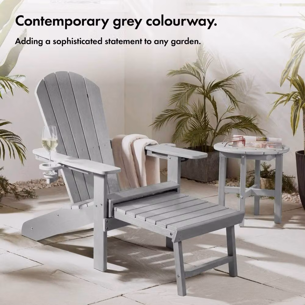 NESTLUNE Grey HDPE Reclining Adirondack Garden Chair with Ottoman – 3
