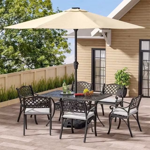 Livingandhome Retro 6-Seater Garden Patio Chair and Table Set with Cushions, Black Metal