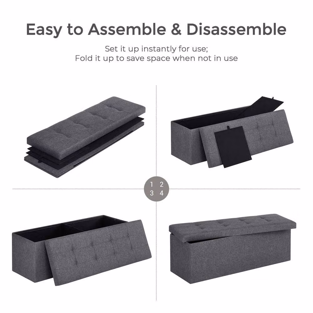 Dprodo Linen Storage Ottoman and Folding Foot Rest Stool in Dark Grey, W/D/H: 110 x 38 x 38 cm – 5