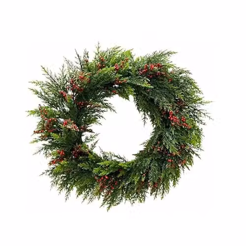 Shatchi Green and Red Christmas Wreath with Artificial Leaves and Berries, Diameter: 60 cm