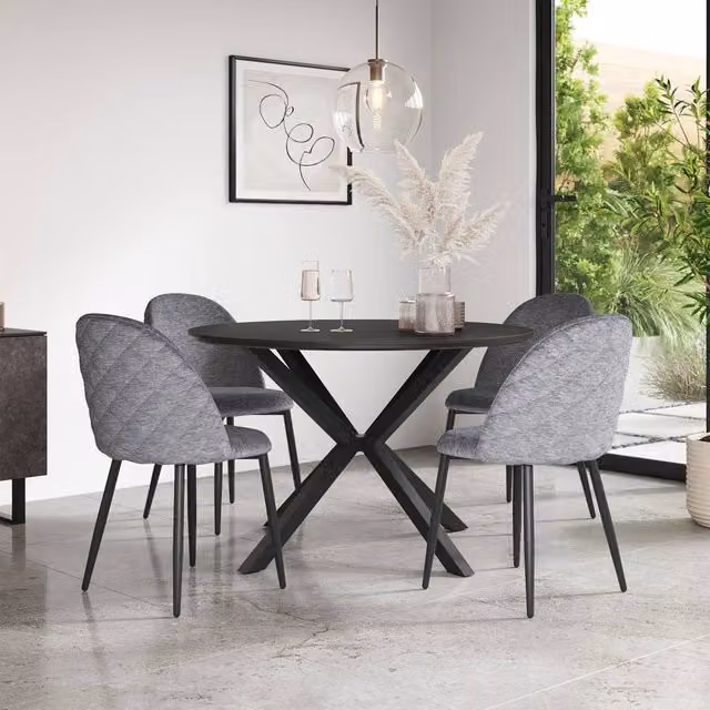 More4Homes Calne Round Ceramic Dining Table and 6 Raye Velvet Chairs in Grey and Black, Diameter: 120 cm, Height: 75 cm