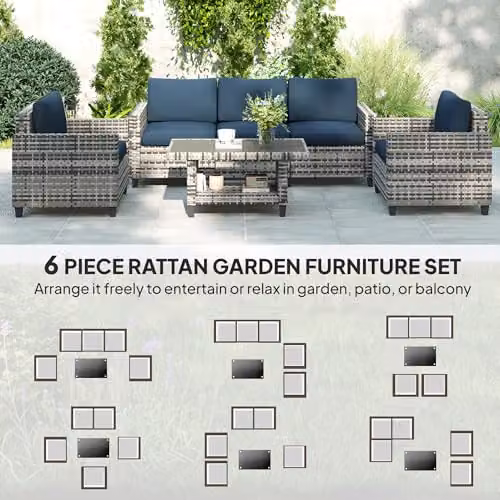 Outsunny 6 Piece Rattan Garden Furniture Set with 5 Seater Upholstered Seating and Coffee Table in Blue – 3