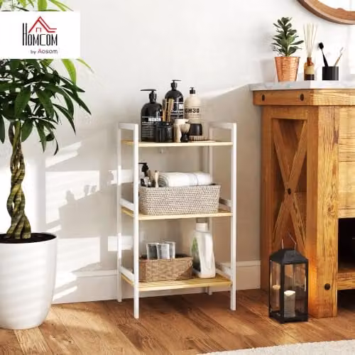 HOMCOM 3-Tier Freestanding Bamboo Bathroom Storage Shelf with Adjustable Shelves in Natural and White – 2