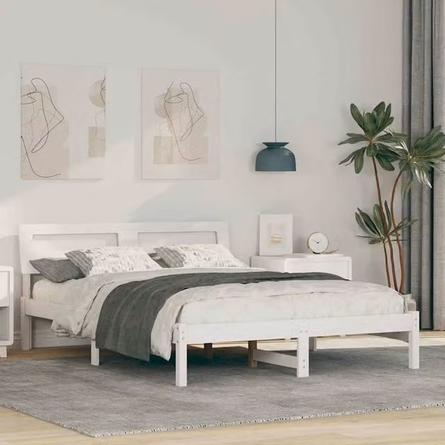 Berkfield Home Modern White Solid Pine Wood Bed Frame with Headboard, W: 135 cm, L: 190 cm – 1