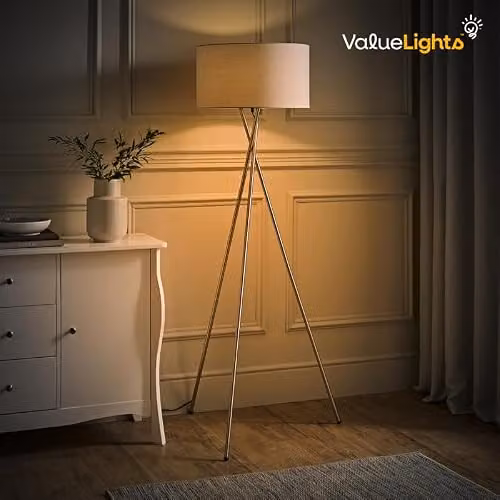 ValueLights MiniSun Modern Brushed Chrome Metal Tripod Floor Lamp with Black Fabric Drum Shade – 3