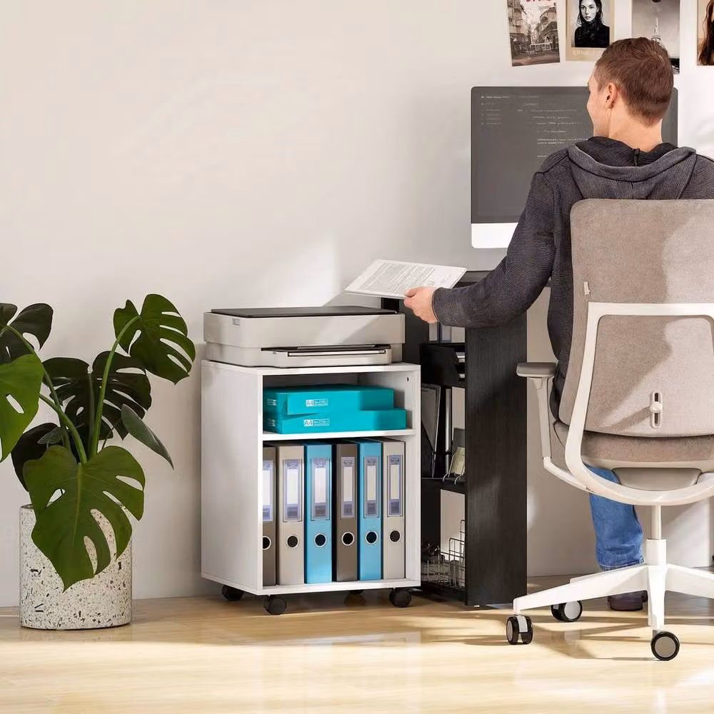 EONLION 2-Tier Printer Stand with Storage and Wheels in White, Width: 100 cm – 4