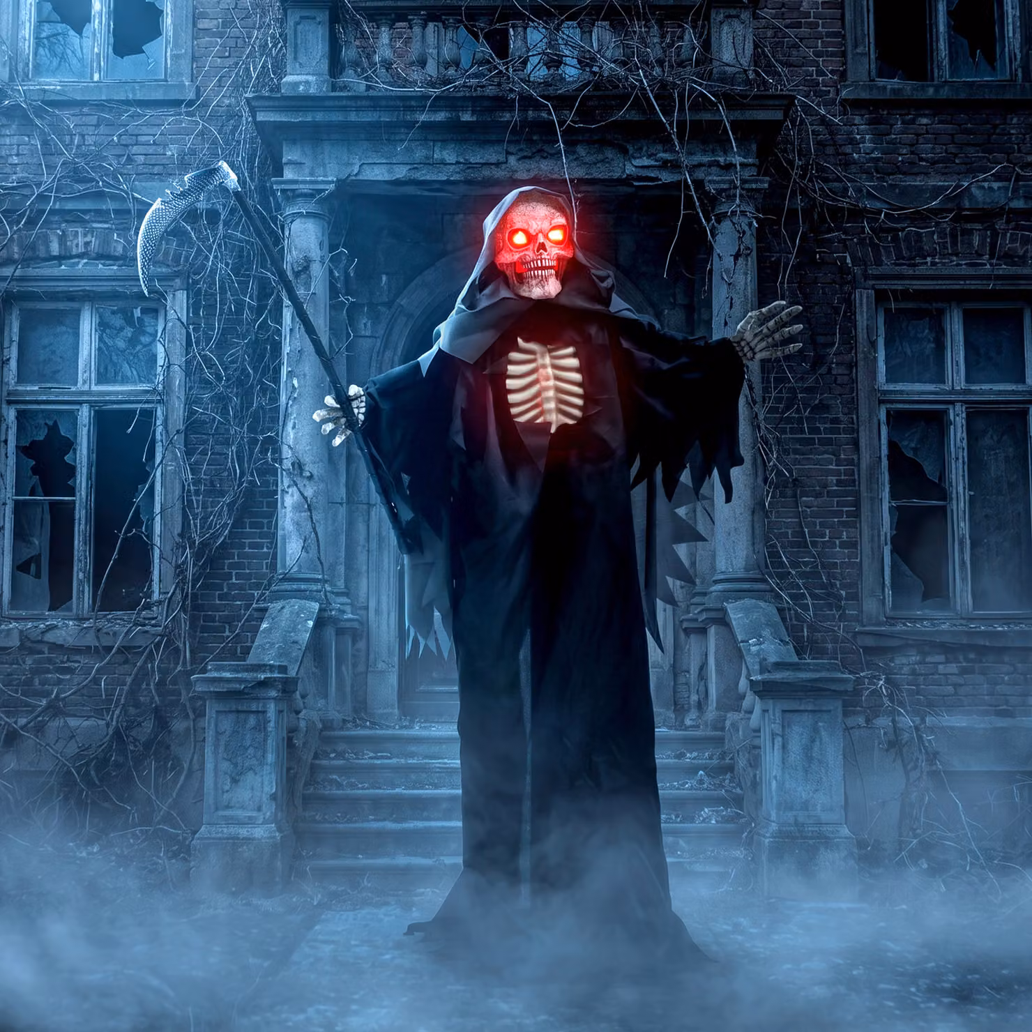 HOMCOM 170cm Life Size Animated Grim Reaper Halloween Decoration with Sound and Touch Activation in Red and Black – 2
