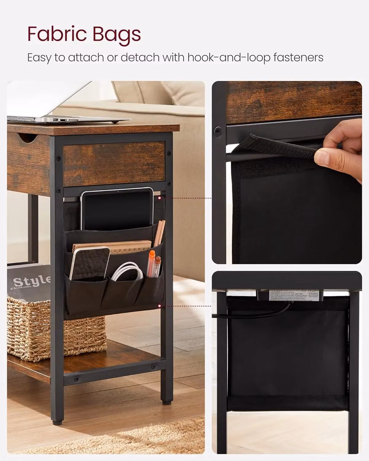 VASAGLE Modern Slim Side Table with Charging Station and USB Ports in Brown – 6