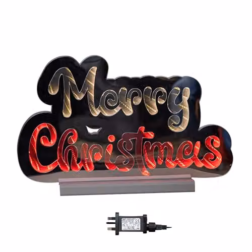 Samuel Alexander 32cm Merry Christmas Infinity Light with Red and White LEDs on a Wooden Base – 2