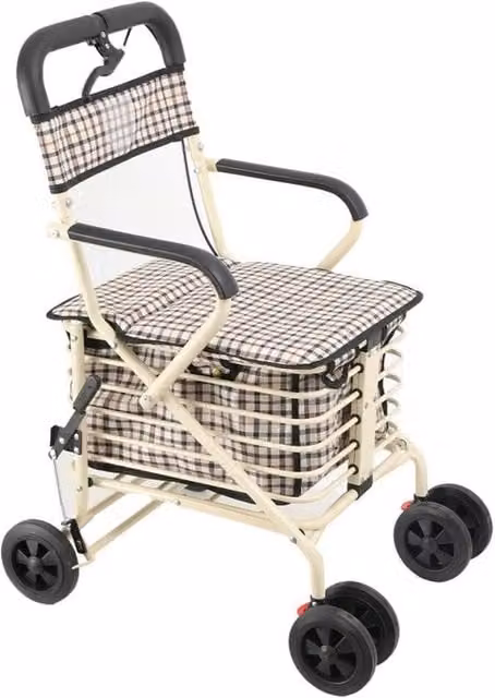 PAWNORA Folding Walk Seated Shopping Trolley in Beige – 1
