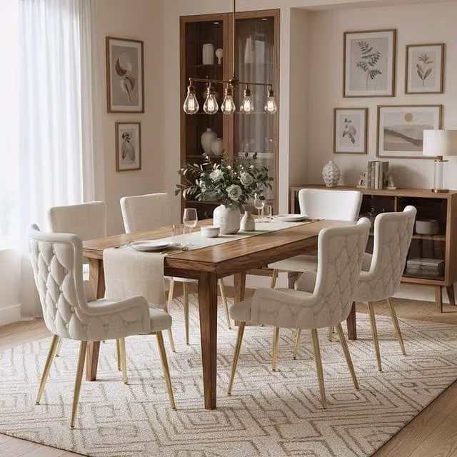 Merax Set of 6 Beige Upholstered Wingback Dining Chairs with Metal Legs – 1