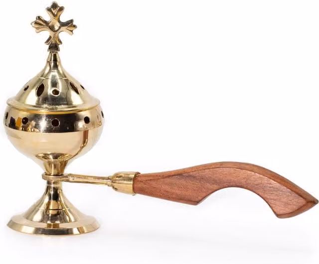 KDMK Gold Brass Cross Censer Incense Burner with Wooden Handle and Round Tabletop Design