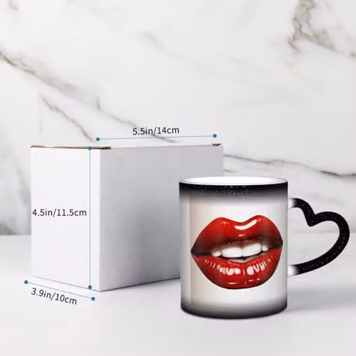 Oudrspo Red Lips Heat Sensitive Colour Changing Ceramic Coffee Mug, Black and Red, 12 oz – 3