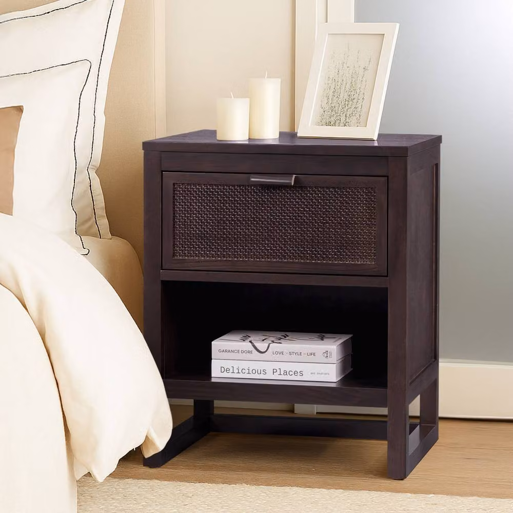 Teamson Home Hatteras Nightstand with Rattan Detail and Soft Close Drawer in Black Finish, W: 50.8 cm, D: 40.64 cm, H: 60.96 cm – 3