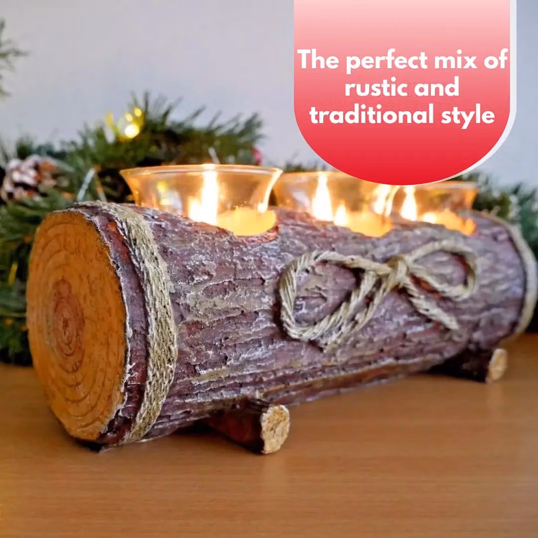 Marco Paul Rustic Christmas Log Tealight Candle Holder with 3 Glass Holders in Brown – 6
