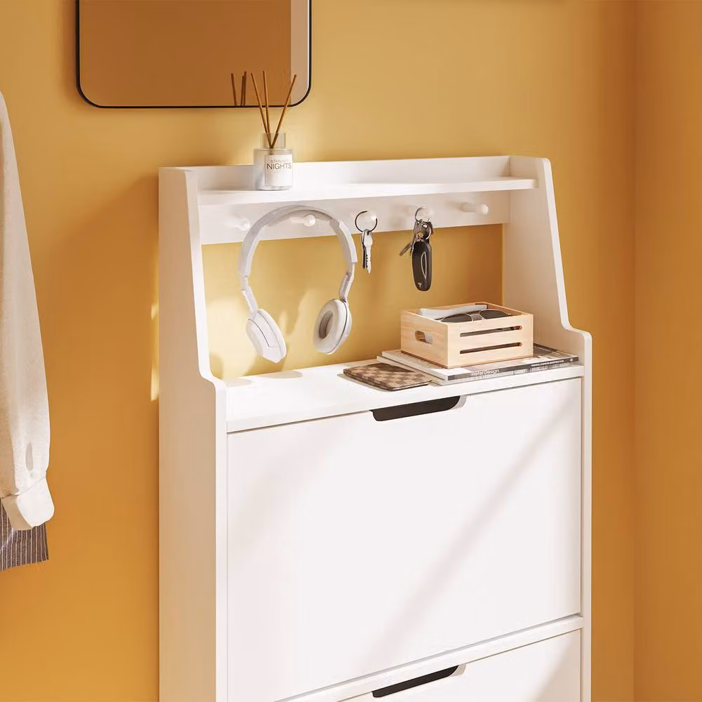 SoBuy Modern White Matt Flip-Door Shoe Cabinet with Tilting Compartments and Open Shelf – 3