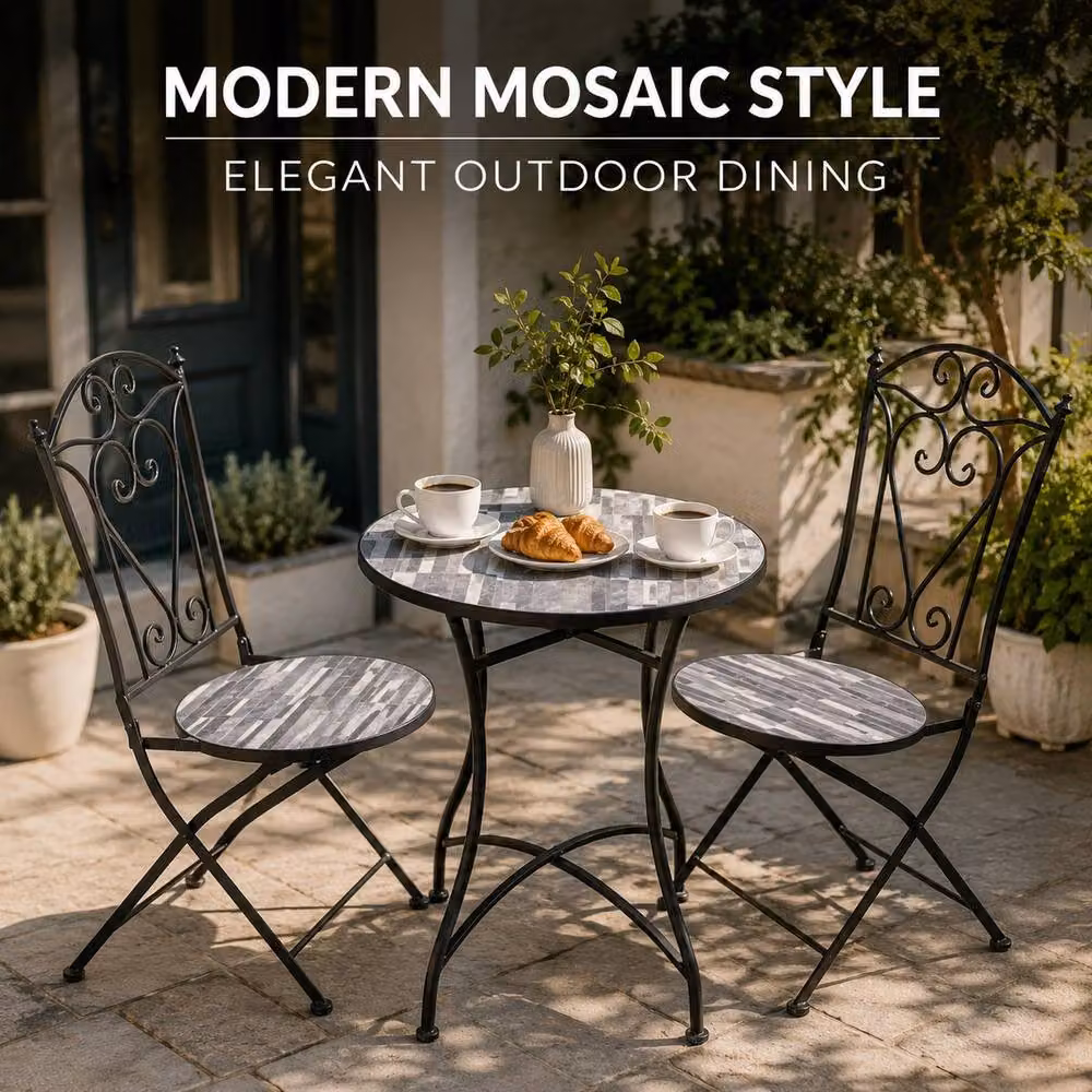 Shatchi Mosaic Bistro Set with Ceramic Round Table and Folding Chairs in Multicolour – 3