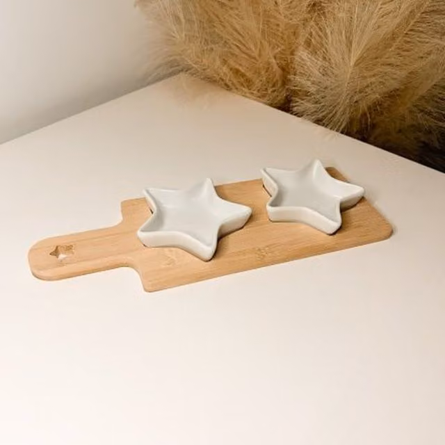 Little Cosy Home Tray with 2 White Star Ceramic and Wood Snack Dishes