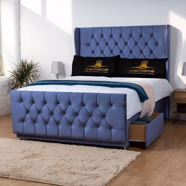 UK Bed Furniture Balamore Blue Fabric Wingback Divan Bed with 54 Inch Headboard and 2 Drawers, Size: King (W/D/H: 180 x 200 cm)