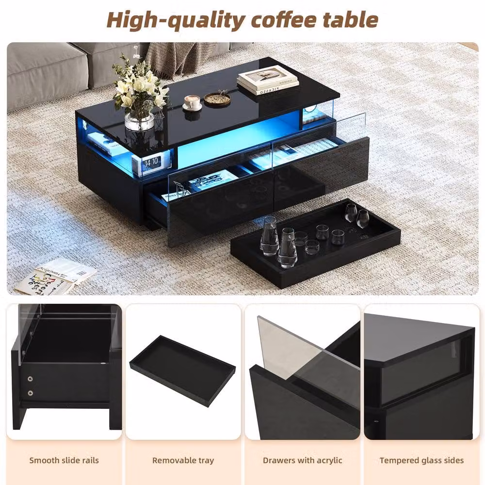 ModernLuxe High Gloss LED Coffee Table with Glass Top and Drawers in Black – 7