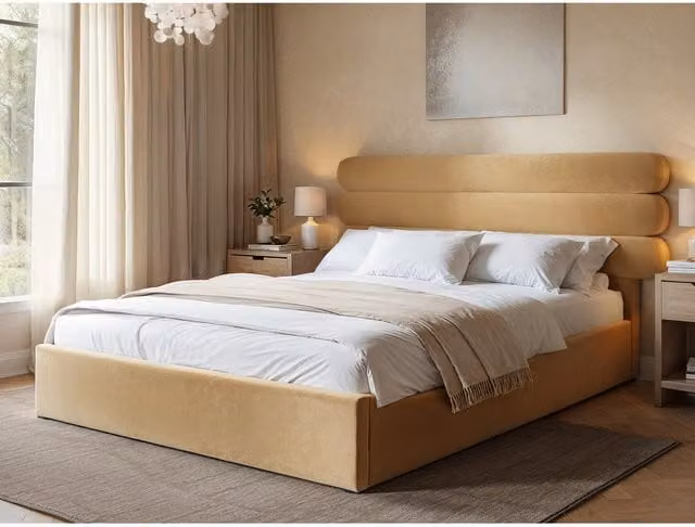 Solace+Co Atlas Upholstered Ottoman Bed in Sand Velvet, W/D/H: 140 x 200 cm – 1
