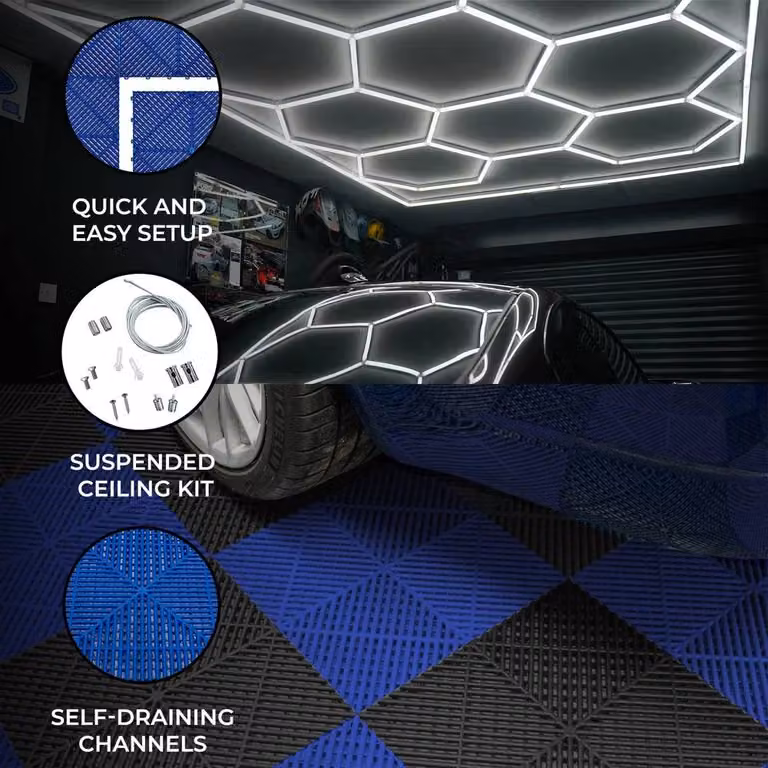 Monstershop Hexagon LED Light and Vented Garage Floor Tiles with Edges, Black and Blue, 60 Pack