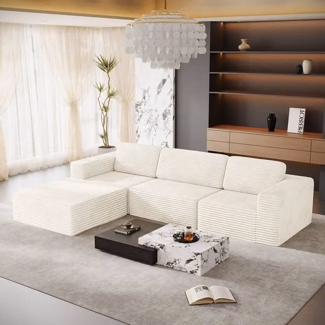 Dprodo Corduroy Modular L-Shape Sofa in Beige with Matching Ottoman