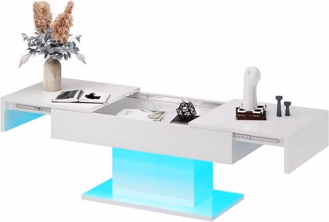 KEEPREAPER White High-Gloss Coffee Table with Sliding Top, Hidden Drawers and 16-Colour LED Lighting