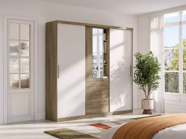 Vente-unique Modern 2 Sliding Door Wardrobe with Mirror, Internal Drawers and LED Lighting in Natural and Light Oak, W: 240 cm, H: 231 cm, D: 53 cm