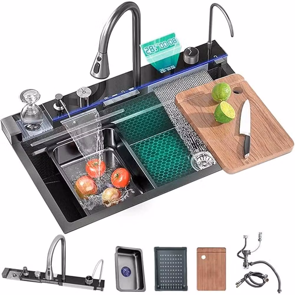 SPETLEK Black Stainless Steel Waterfall Kitchen Sink, W: 100 cm, D: 52 cm – 4