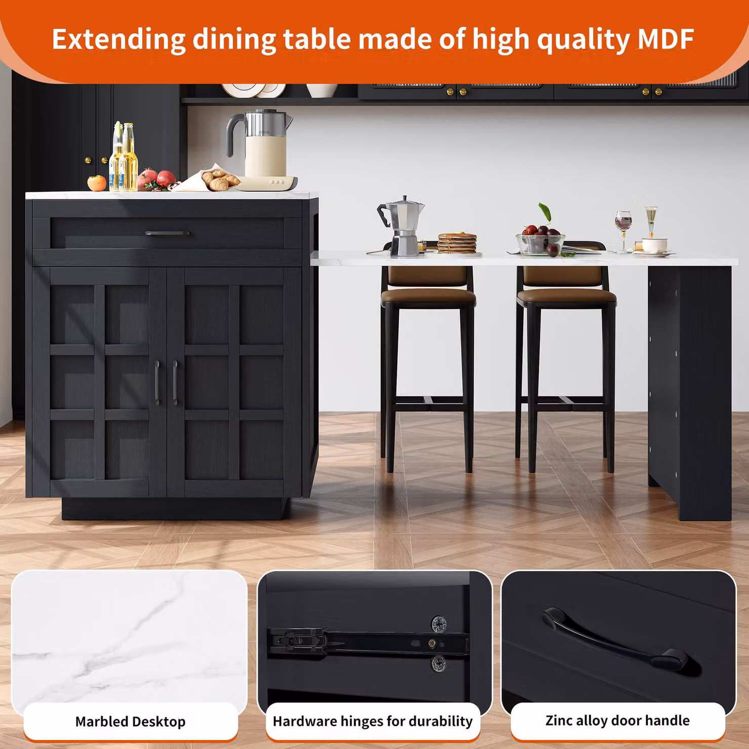 Aosom UK Extendable Bar Table and Kitchen Island in Black with 2 Drawers and 4 Compartments, W/D/H: 133-202 x 70 x 93.5 cm – 4