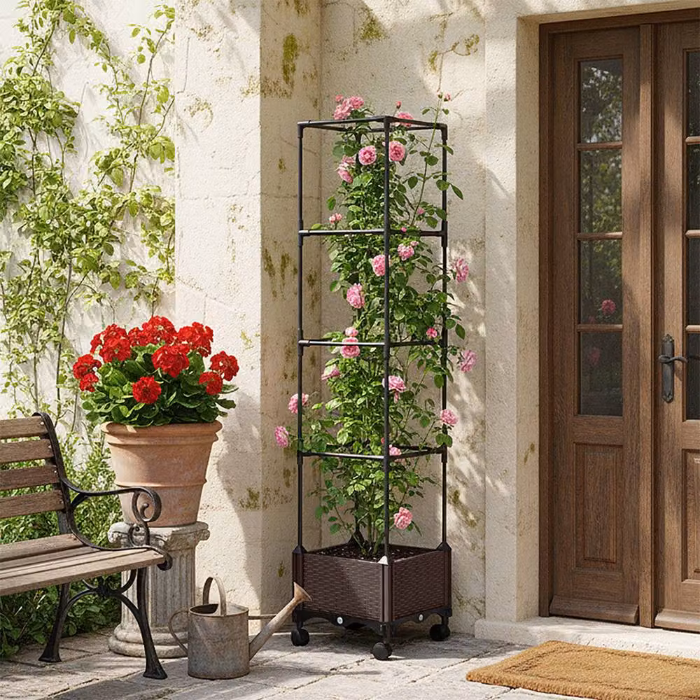 Living and Home Rolling Planter Box with Trellis in Brown, W/D/H: 129.0 x 30.5 x 30.5 cm – 2