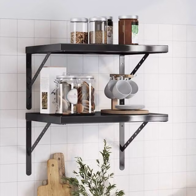 Berkfield Home Black Stainless Steel Wall Mounted Shelves, 2 Pack, W: 50 cm, H: 40 cm