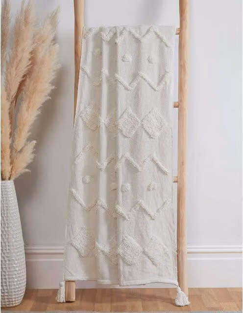 Rapport Home Geometric Boho Cotton Throw in Beige, Yellow and White, W: 60 cm