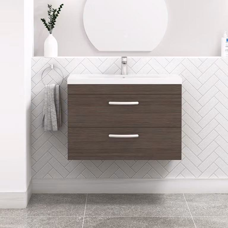 Royal Bathrooms Turin Grey Elm 2 Drawer Wall Hung Vanity Unit with Mid-Edge Basin
