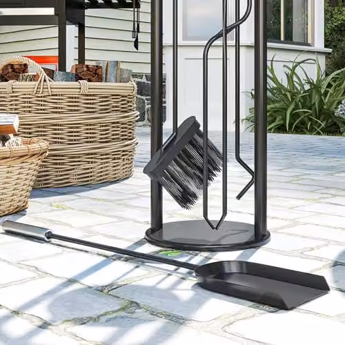 Outsunny 5 Piece Metal Fireplace Companion Set in Silver and Black – 9