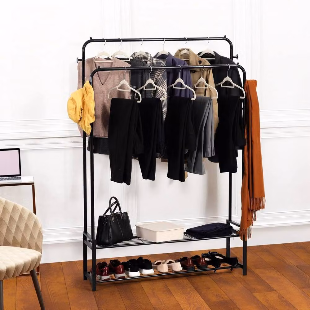 VOGREX Modern Double Clothes Rail with Dual Hook and Rail Matrix in Matt Black Metal – 3