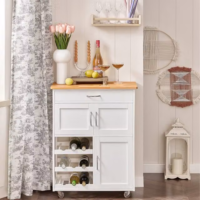 SoBuy Modern Kitchen Trolley Storage Cart with Wine Rack in White