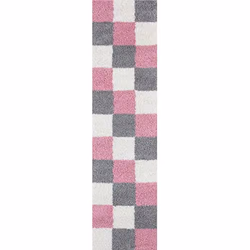 THE RUGS Modern Pink and Grey Checked High Pile Shaggy Area Rug, W/D/H: 80 x 300 cm – 3