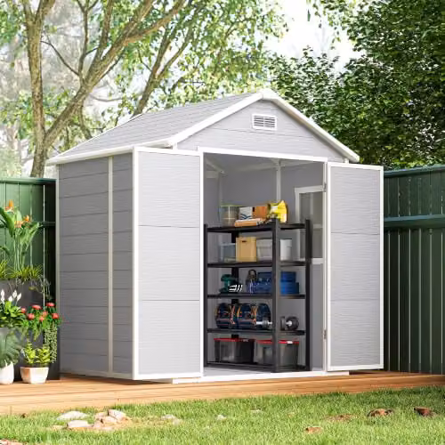 Outsunny Grey Resin Garden Shed with Double Doors, Window, Floor and Side Vents, W/D/H: 182 x 151 x 219 cm – 6