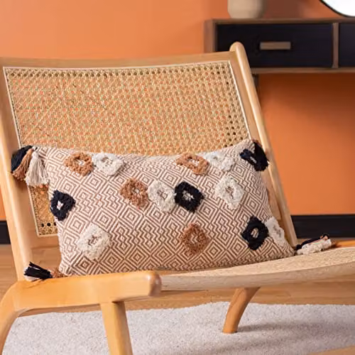 Benji Tasselled Jacquard Diamond Tufted Cotton Cushion in Brown and Multicolour, W/D/H: 50 x 30 x 30 cm – 2