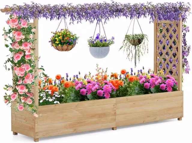 VOGREX Brown Fir Wood Raised Garden Bed with 2-Sided Trellis Climbing Planter Box – 1