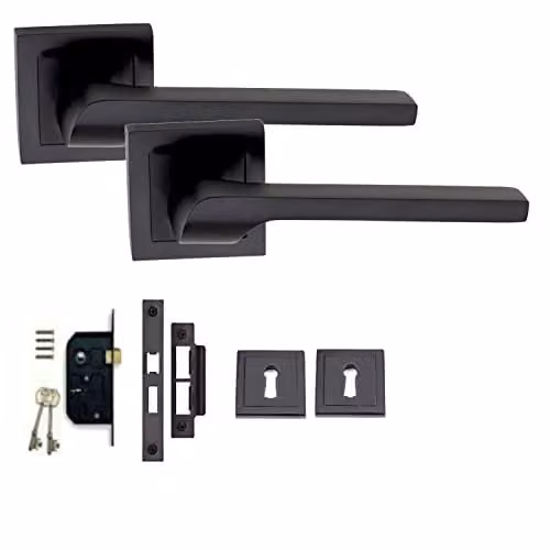 Golden Grace Sigma Door Handle with Square Rose and Key Lock Set in Matt Black