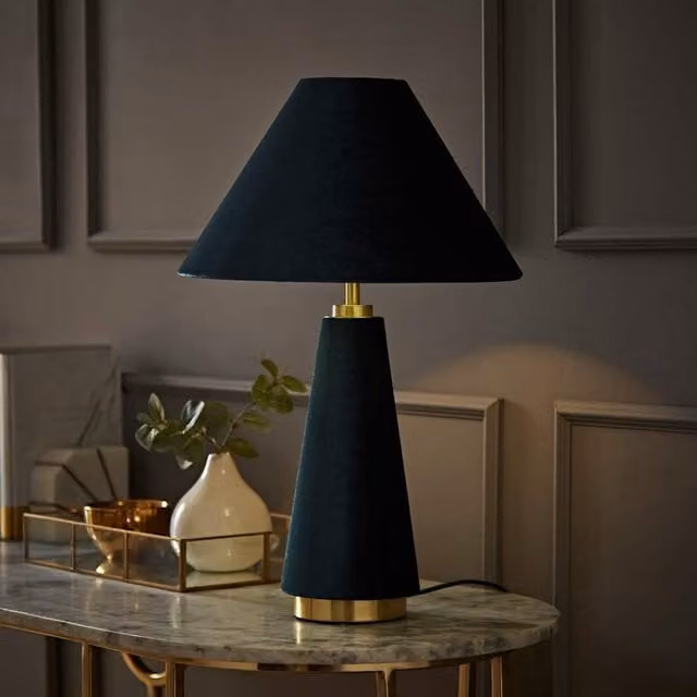 ValueLights Martha Conical Velvet Table Lamp in Blue and Gold/Brass