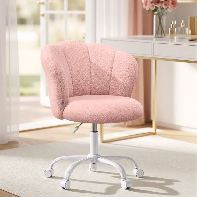 SONGMICS Pink Bouclé Swivel Makeup Vanity Chair with Castors