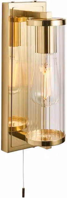 Loops Satin Brass Bathroom Wall Light with Ribbed Cylinder Clear Glass Shade IP44 Rated