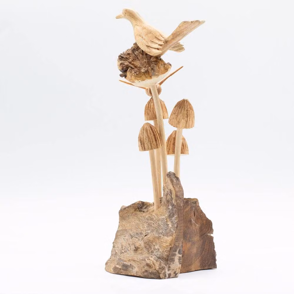 Serenityy Handmade Parasite Wood Carving featuring Bird, Bee and Mushrooms in Brown – 4