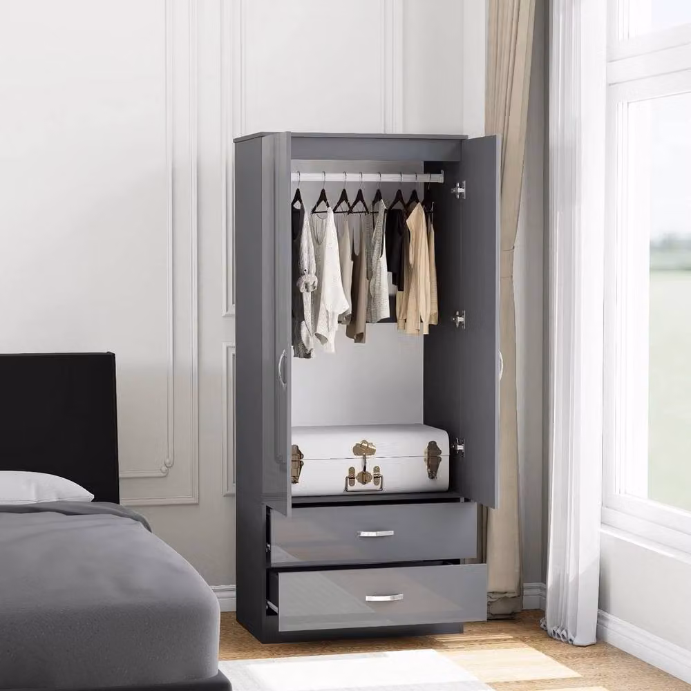 FLAVORA Modern 2 Door 2 Drawer Wardrobe with Mirrored Doors and High Gloss Grey Finish – 2
