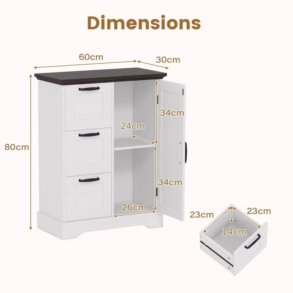 Costway White Farmhouse Accent Floor Cabinet with 3 Storage Drawers and Hinged Doors – 2